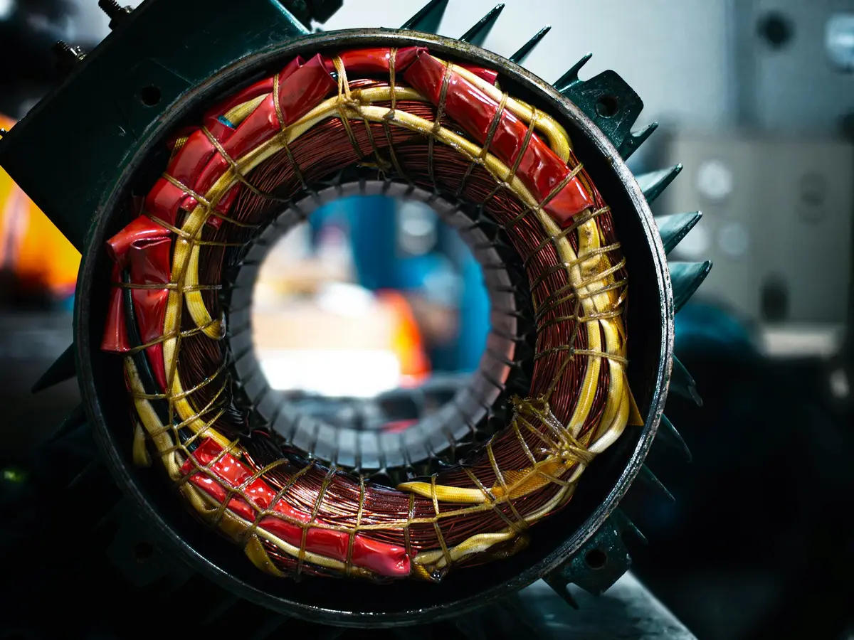 A large industrial electric motor on a repair shop floor